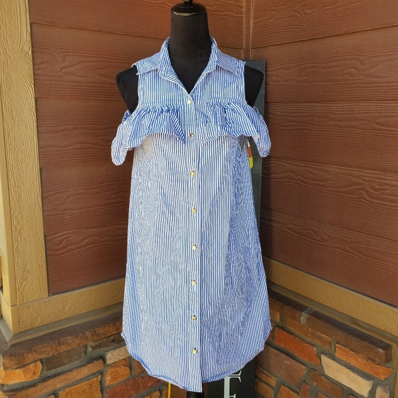 Michael Kors Dresses & Skirts - MICHAEL KORS Blue & White Pinstripe Cold Shoulder Mini Dress Women's Size 4 NWOT